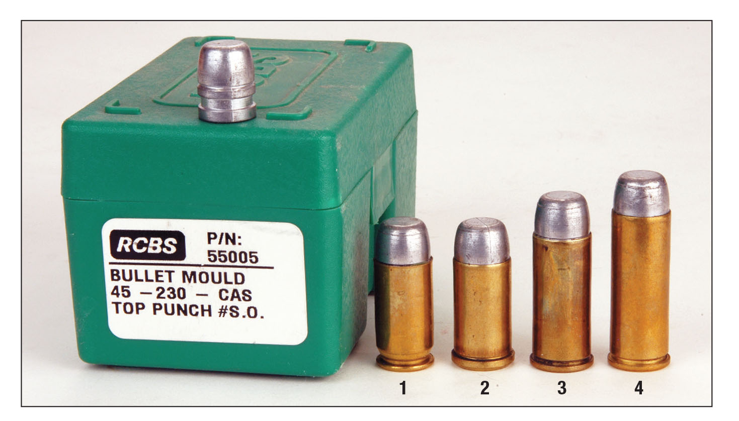Mike has had good luck loading all types of .45 cartridges with this RCBS mould. The loaded rounds are: (1) .45 ACP,  (2) .45 Auto-Rim, (3) .45 S&W and (4) .45 Colt.